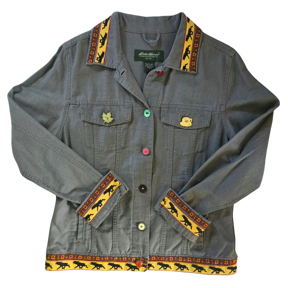 Eddie Bauer Vintage Horses Floral Green Jacket Colorful Buttons Size Small